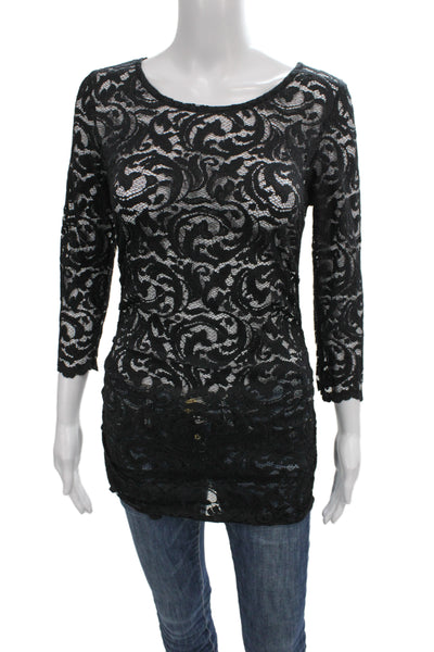 Velvet Women Black Lace Scoop Neck Tunic 3/4 Sleeve Floral Zip Size S