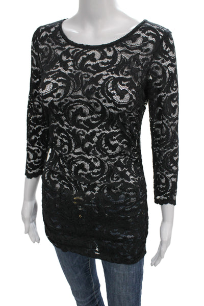 Velvet Women Black Lace Scoop Neck Tunic 3/4 Sleeve Floral Zip Size S