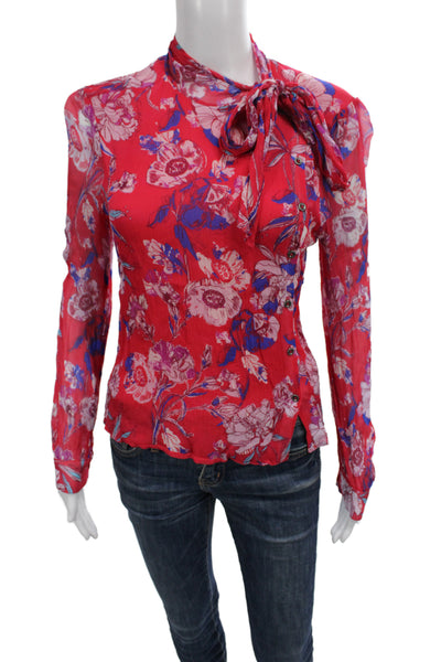 Free People Women Petite Red Floral Collared Long Sleeve Viscose Blouse Size S