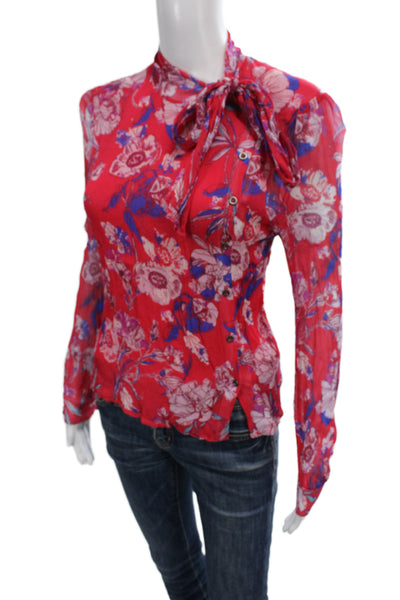 Free People Women Petite Red Floral Collared Long Sleeve Viscose Blouse Size S