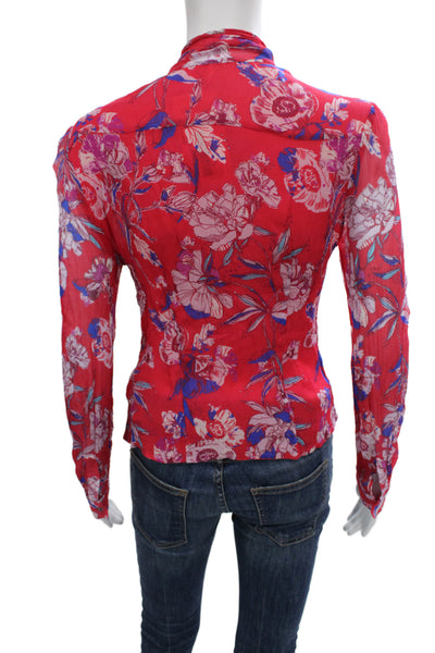 Free People Women Petite Red Floral Collared Long Sleeve Viscose Blouse Size S