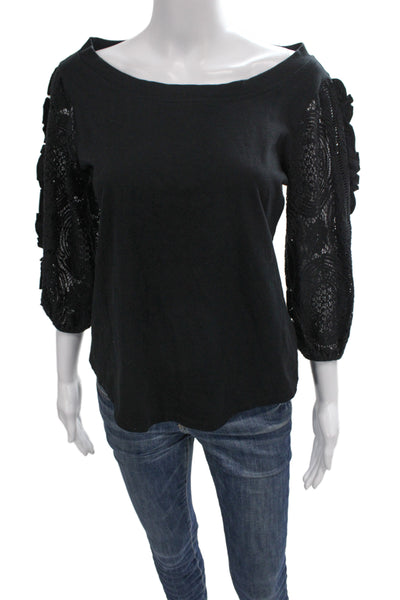 Anthropologie Womens Black Lace Cotton Boat Neck 3/4 Sleeve Blouse Size S