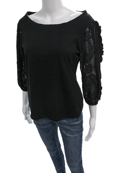 Anthropologie Womens Black Lace Cotton Boat Neck 3/4 Sleeve Blouse Size S