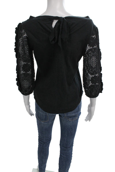 Anthropologie Womens Black Lace Cotton Boat Neck 3/4 Sleeve Blouse Size S