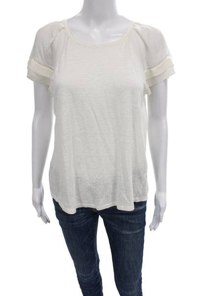 Rebecca Taylor Women Basic Linen White Short Sleeve Round Neck T-Shirt Size S