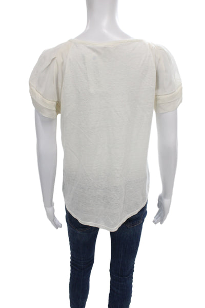 Rebecca Taylor Women Basic Linen White Short Sleeve Round Neck T-Shirt Size S
