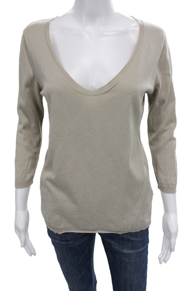 Zadig & Voltaire Womens Pullover V-Neck 3/4 Sleeve Beige Cotton Sweater Size S