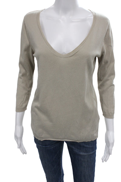 Zadig & Voltaire Womens Pullover V-Neck 3/4 Sleeve Beige Cotton Sweater Size S