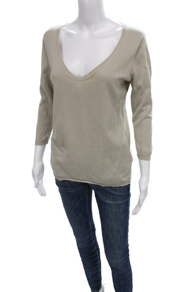 Zadig & Voltaire Womens Pullover V-Neck 3/4 Sleeve Beige Cotton Sweater Size S