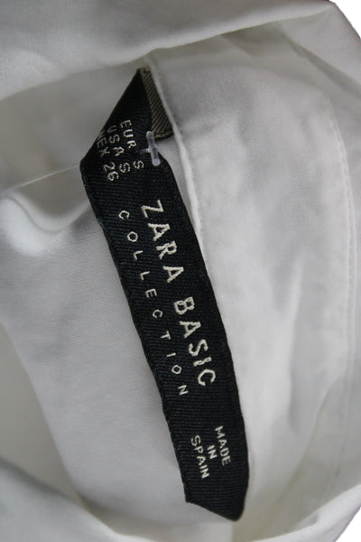 Zara Women Basic Collared White Cotton Button-Up Long Sleeve Size S