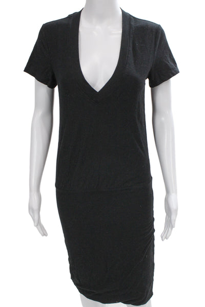 James Perse Women Gray V Neck T-Shirt Dress Cotton Blend Short Sleeve Size 1
