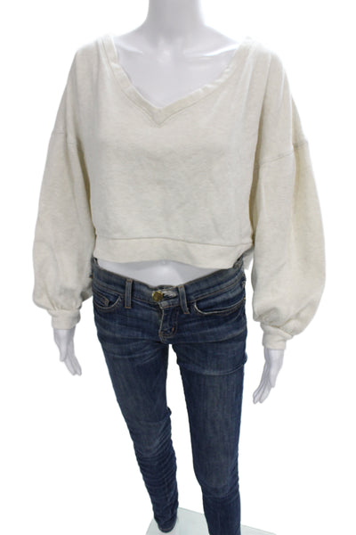 We The Free Women Gray V-Neck Long Sleeve Pullover Sweatshirt Cotton Size S