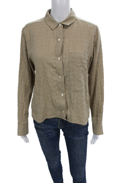Mona Thalheimer Womens Basic Button-Up Beige Check Cotton Top Size S
