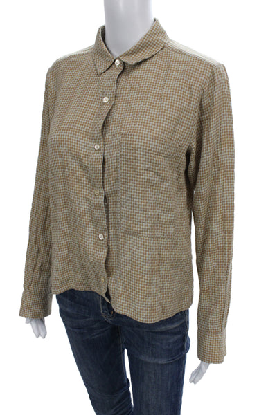 Mona Thalheimer Womens Basic Button-Up Beige Check Cotton Top Size S