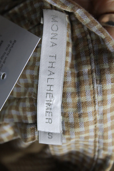 Mona Thalheimer Womens Basic Button-Up Beige Check Cotton Top Size S