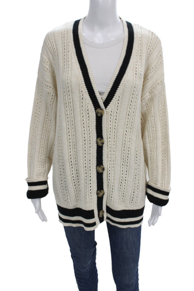 Sanctuary Womens Ivory Cotton Striped V Neck Cardigan Long Sleeve Preppy Size M