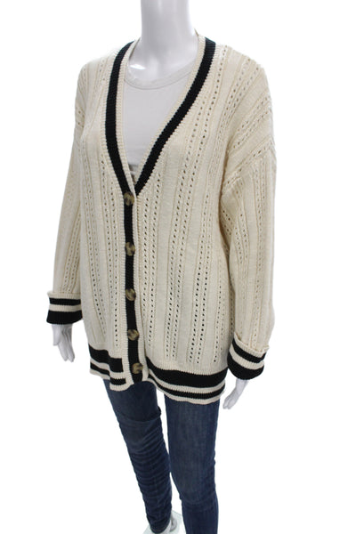 Sanctuary Womens Ivory Cotton Striped V Neck Cardigan Long Sleeve Preppy Size M