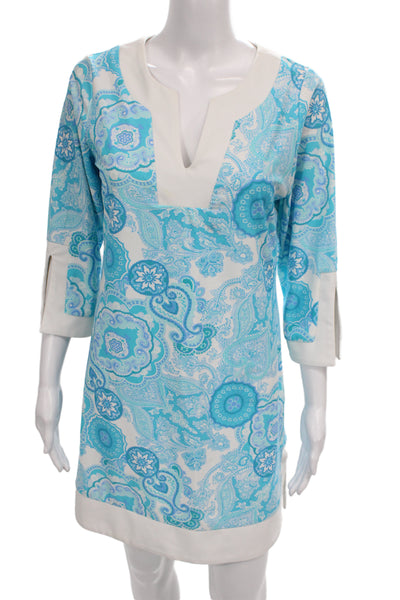 Jude Connally Women Blue Paisley Shift Dress V-Neck 3/4 Sleeve Size M