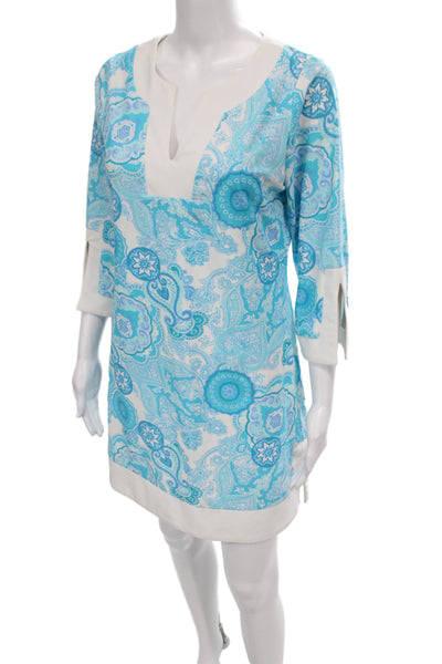 Jude Connally Women Blue Paisley Shift Dress V-Neck 3/4 Sleeve Size M