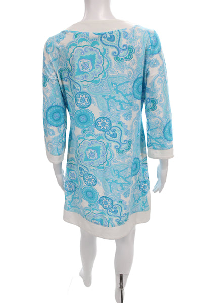 Jude Connally Women Blue Paisley Shift Dress V-Neck 3/4 Sleeve Size M