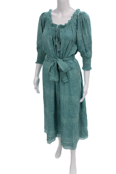Pomegranate Women Maxi Dress Blue Off Shoulder 3/4 Sleeve Check Size L