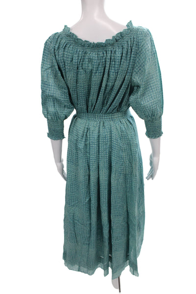 Pomegranate Women Maxi Dress Blue Off Shoulder 3/4 Sleeve Check Size L