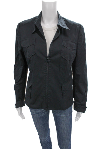 Akris Punto Women Black Cotton Blend Military Jacket Zip Front Size 12