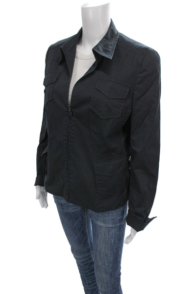 Akris Punto Women Black Cotton Blend Military Jacket Zip Front Size 12