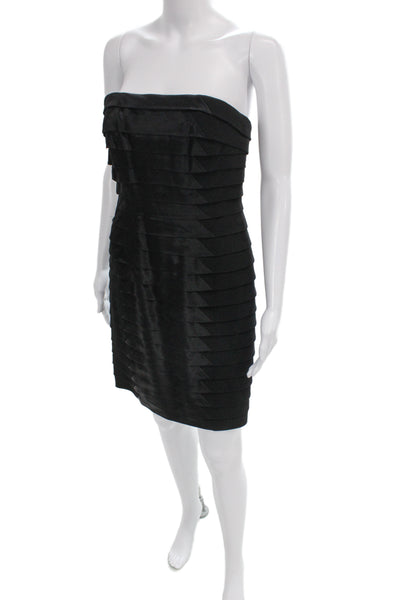 Carmen Marc Valvo Women Black Satin Strapless Bodycon Dress Knee Length Size 4