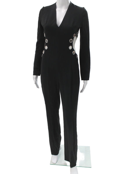 David Koma Women Black V-Neck Long Sleeve Jumpsuit Zip Size S