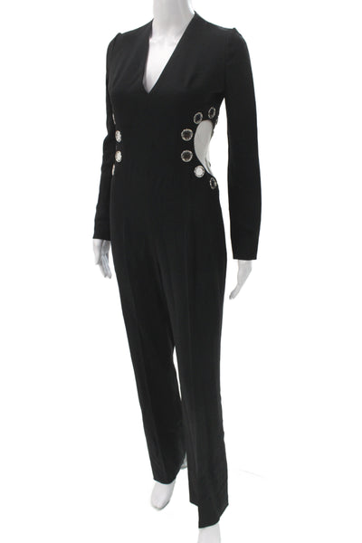 David Koma Women Black V-Neck Long Sleeve Jumpsuit Zip Size S