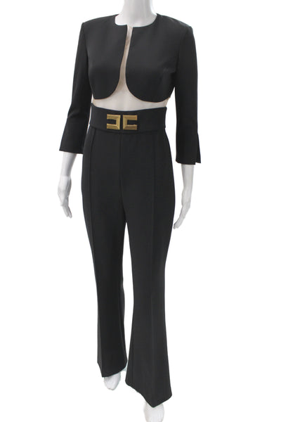 Elisabetta Franchi Womens Black Round Neck Jumpsuit 3/4 Sleeve Size S