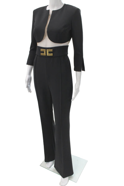 Elisabetta Franchi Womens Black Round Neck Jumpsuit 3/4 Sleeve Size S