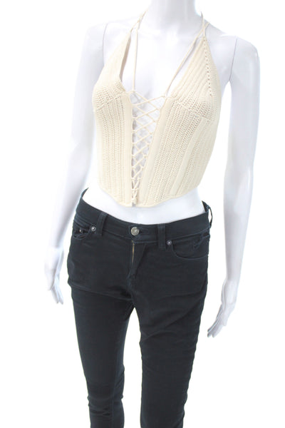 Dion Lee Women Cropped Halter Lace Up Tank Beige Viscose Boho Size 6