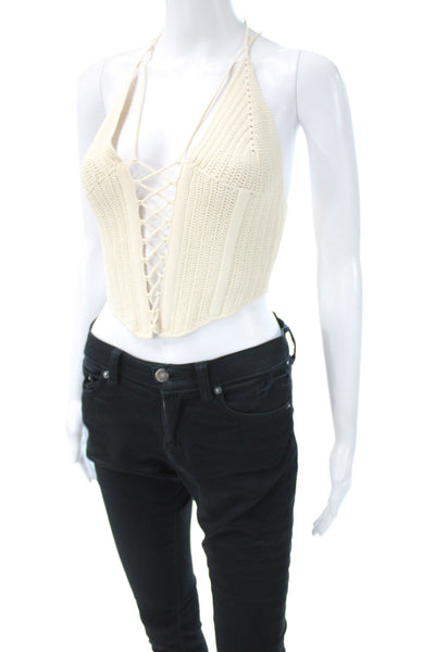 Dion Lee Women Cropped Halter Lace Up Tank Beige Viscose Boho Size 6