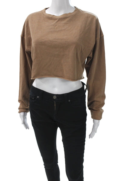 Joah Brown Womens Cropped Brown Cotton Long Sleeve T-Shirt Size One Size