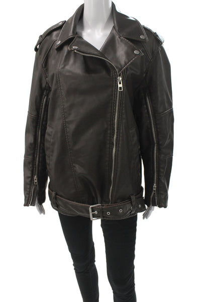 Zara Womens Biker Faux Leather Zip Brown Long Sleeve Jacket Size S