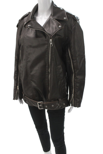 Zara Womens Biker Faux Leather Zip Brown Long Sleeve Jacket Size S