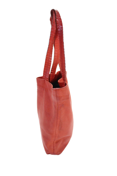 Claire V Womens Double Handle Open Top Small Leather Tote Handbag Orange