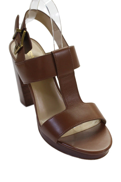Michael Michael Kors Womens Leather Becker T-Strap Heels Shoes Brown Size 10M