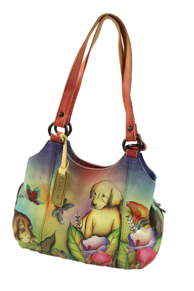 Anuschka Womens Leather Animal Print Snap Closure Shoulder Bag Multicolor