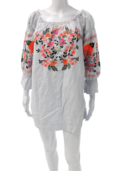 Free People Womens Shift Dress Blue Off Shoulder Floral 3/4 Sleeve Short Size S