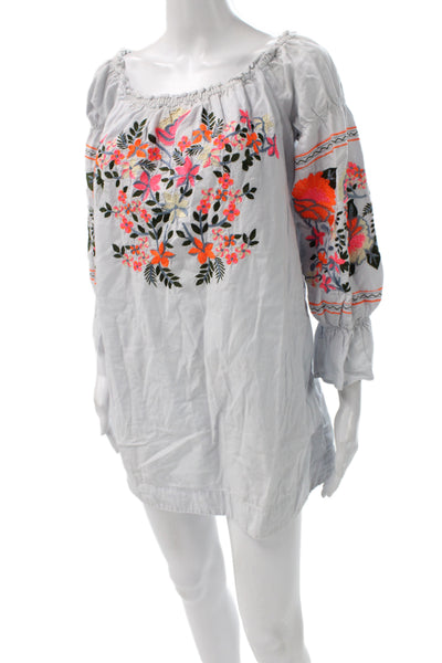 Free People Womens Shift Dress Blue Off Shoulder Floral 3/4 Sleeve Short Size S