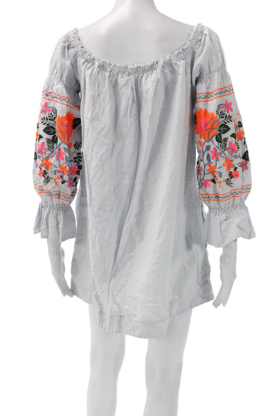 Free People Womens Shift Dress Blue Off Shoulder Floral 3/4 Sleeve Short Size S