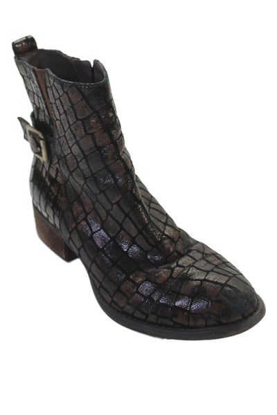 Donald J Pliner Womens Side Zip Block Heel Croc Printed Boots Brown Leather 7M