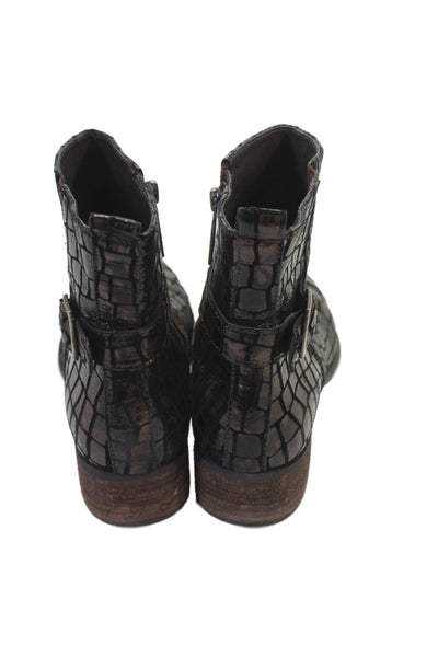 Donald J Pliner Womens Side Zip Block Heel Croc Printed Boots Brown Leather 7M