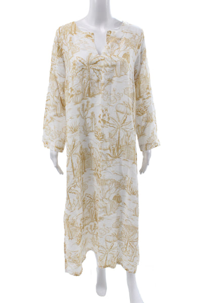 Sartoria Saracena Womens Maxi Linen Floral V-Neck Longsleeve Dress White Size S