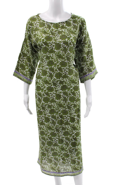 Lagrua Capri Womens Kaftan Silk Floral Midi Green 3/4 Sleeve Size S