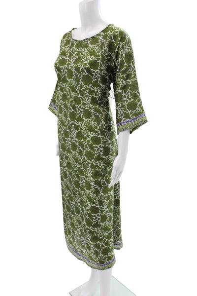 Lagrua Capri Womens Kaftan Silk Floral Midi Green 3/4 Sleeve Size S