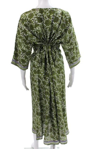 Lagrua Capri Womens Kaftan Silk Floral Midi Green 3/4 Sleeve Size S